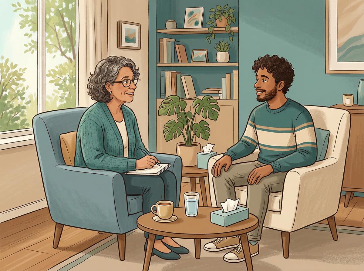 Psychiaterin und Patient in einem freundlichen Diagnosegespräch – vertrauensvolle Atmosphäre für die ADHS-Diagnose bei Erwachsenen