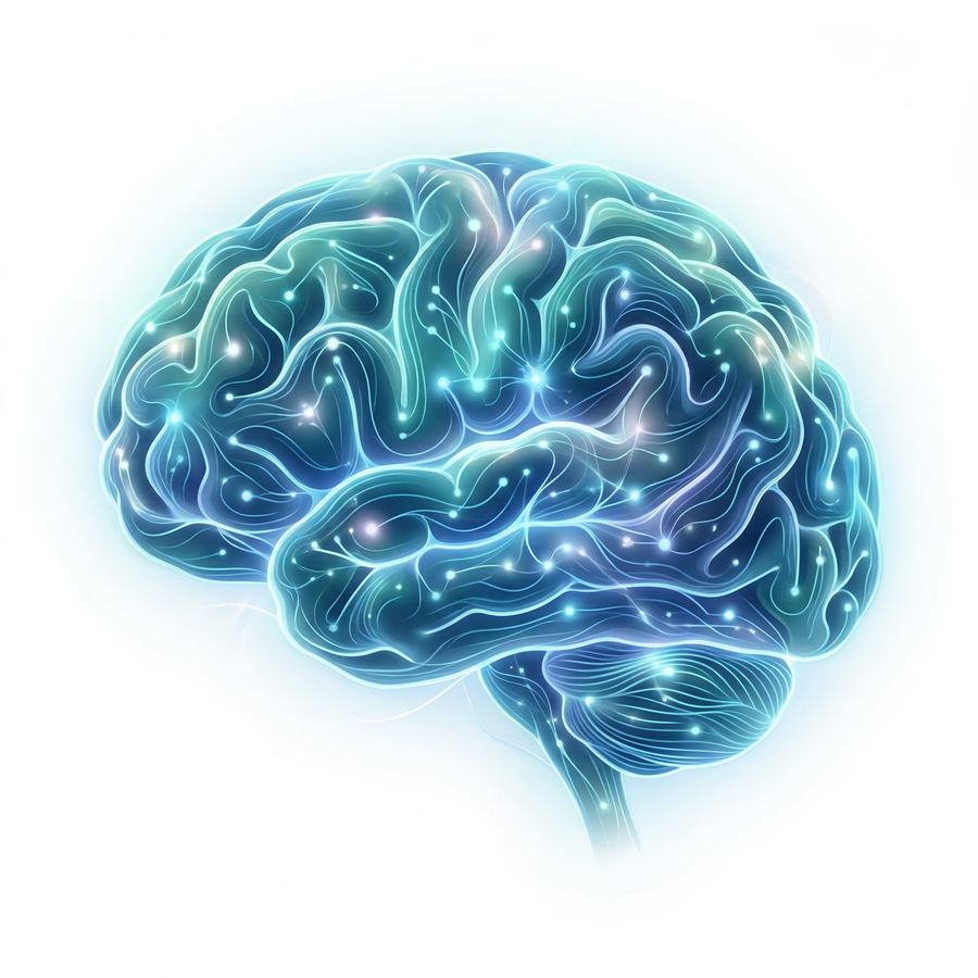 Illustration eines menschlichen Gehirns mit leuchtenden neuronalen Verbindungen in Blau-Petrol – symbolisiert die Neurobiologie von ADHS