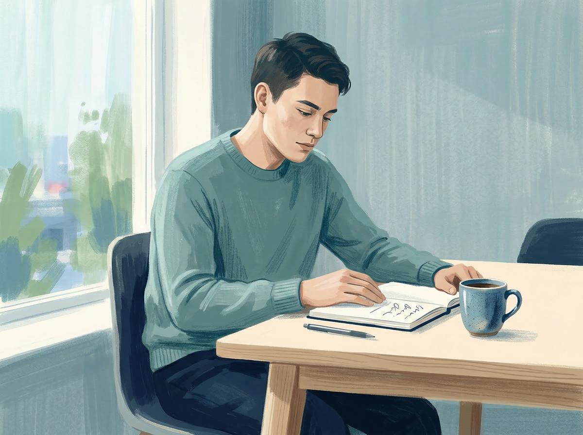 Erwachsener Mann sitzt ruhig und konzentriert an einem Schreibtisch mit Notizbuch und Kaffee – ein Bild für ADHS im Erwachsenenalter