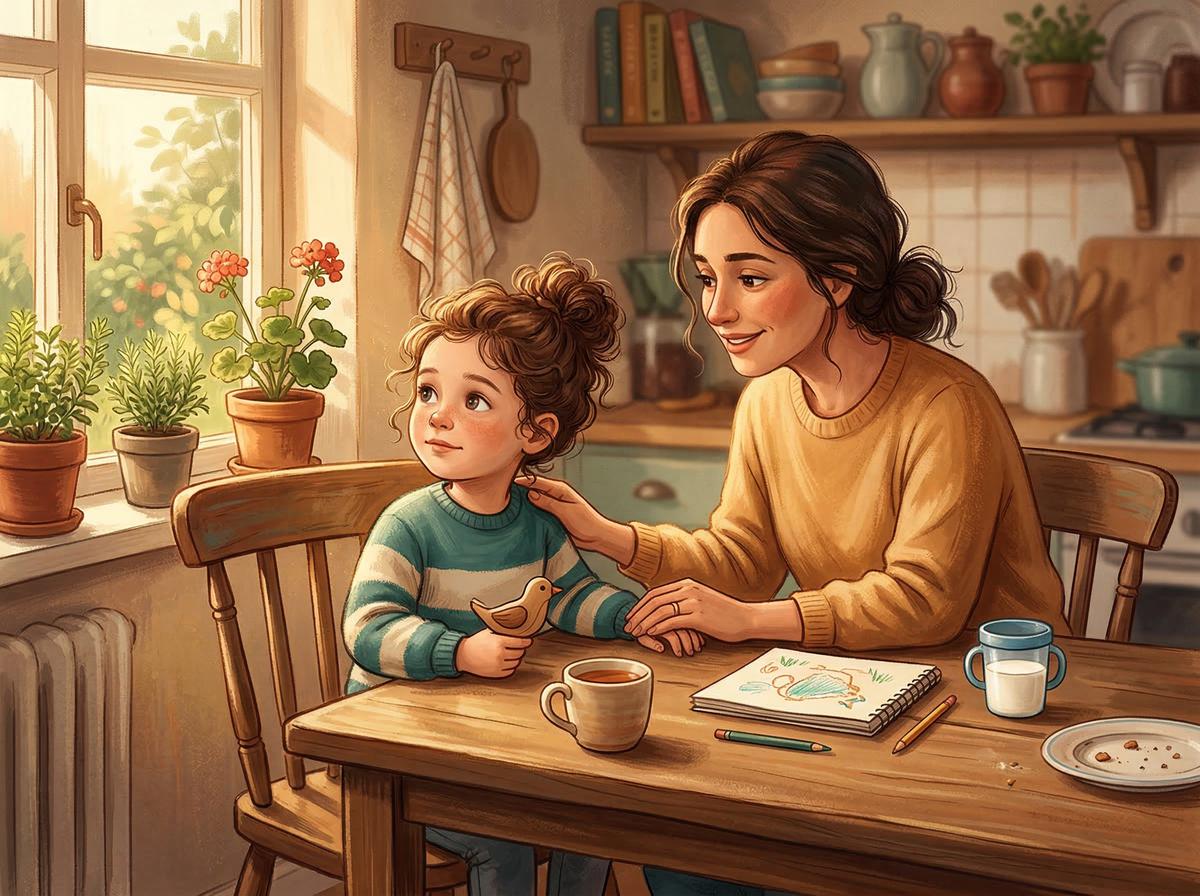 Mutter sitzt geduldig neben ihrem Kind am Küchentisch und unterstützt es liebevoll – ein warmes Bild für den Familienalltag mit ADHS